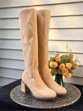 Neutral Beige Suede Knee High Boots Block Heel Minimalist Tall Boots Size 5.5-6